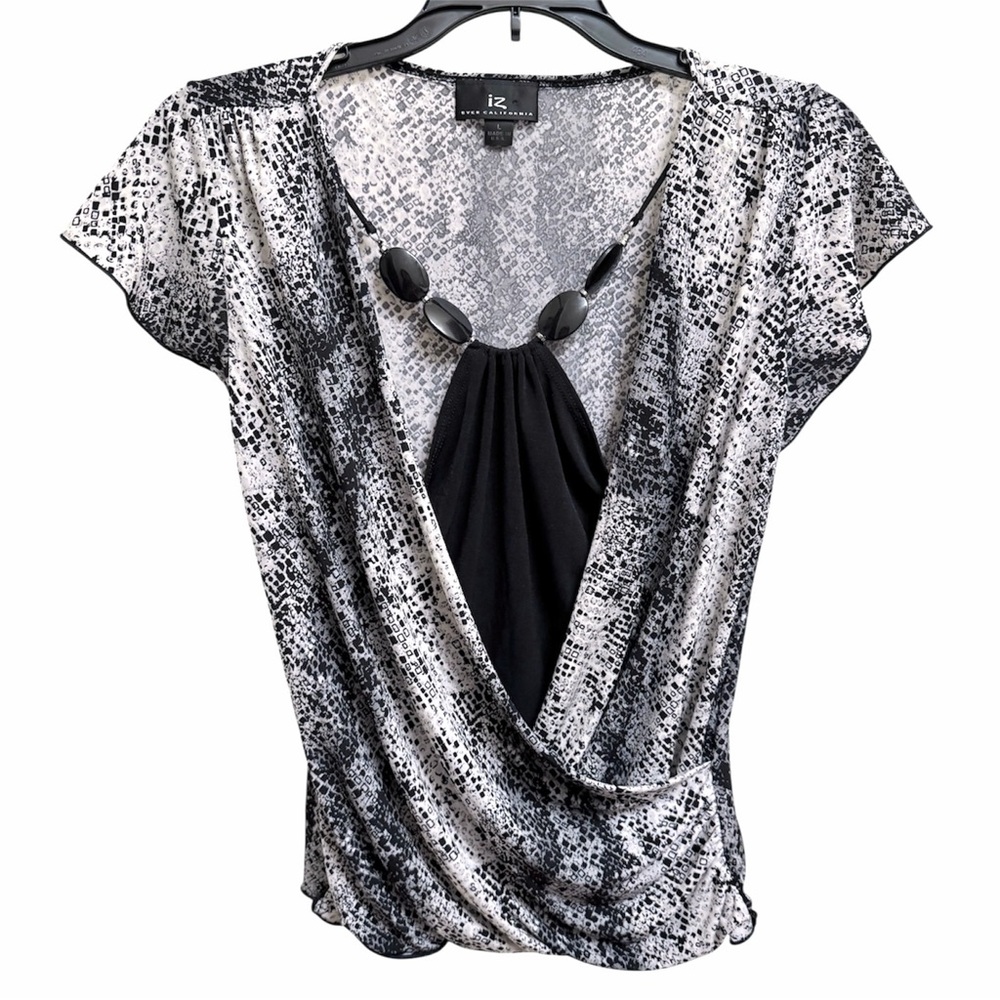 Y2K VTG 90s Blouse Snake Print IZ Byer USA Made Beaded V Neck Size L
